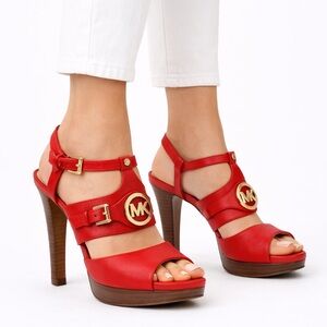 Michael Kors Mackenzie Saffiano Leather Logo Platform Sandal Luggage Size 7.5M